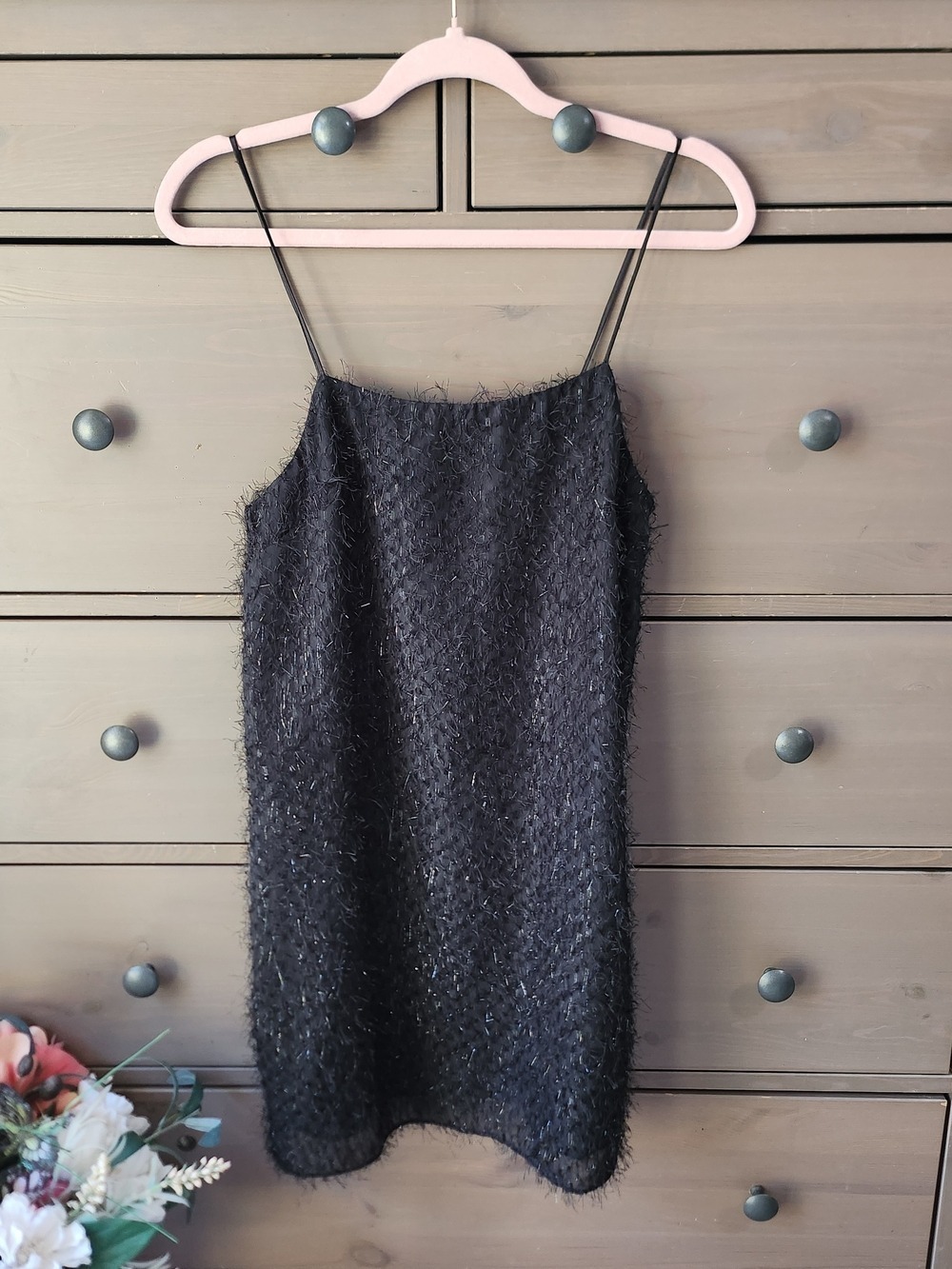 Black Spaghetti Strap Metalic Shift Dress by Storia - Picture 2 of 8
